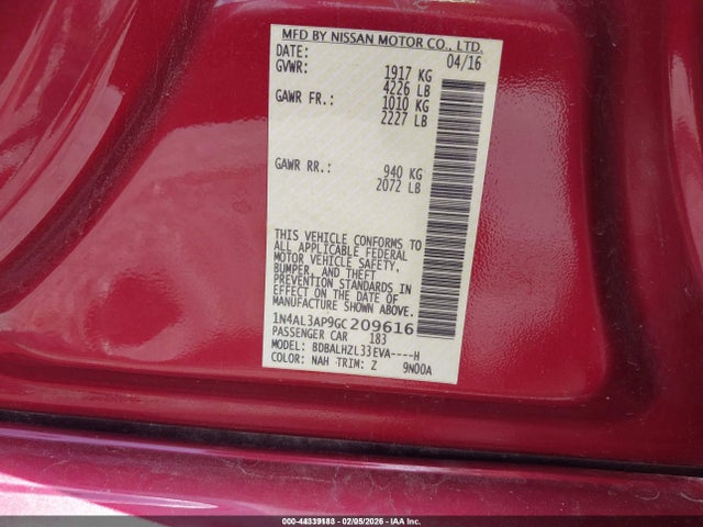 Aukcja sprzedaży 2016 Nissan Altima 2.5 Sr, vin: 1N4AL3AP9GC209616, numer aukcji: 44339183