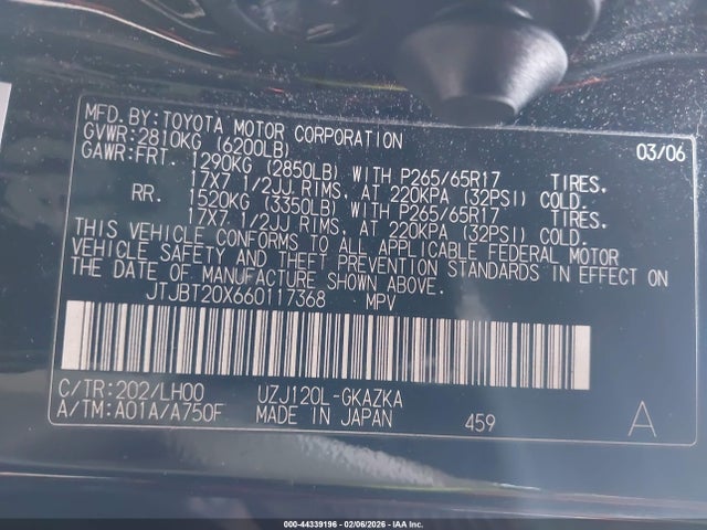 Aukcja sprzedaży 2006 Lexus Gx 470, vin: JTJBT20X660117368, numer aukcji: 44339196