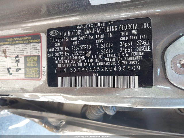 5XYPK4A52KG493509 KIA Sorento 3.3l Sxl