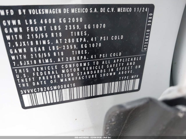 2025 Volkswagen Taos 1.5t Se მანქანა იყიდება აუქციონზე, vin: 3VVVC7B26SM008416, აუქციონის ნომერი: 44339285