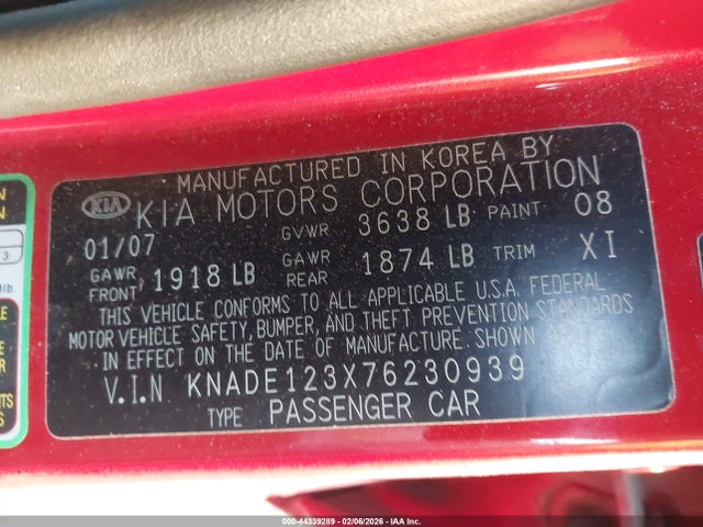 44339289 :رقم المزاد ، KNADE123X76230939 vin ، 2007 Kia Rio Lx مزاد بيع