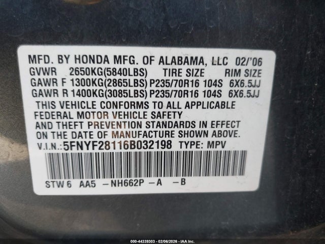 2006 HONDA PILOT 5FNYF28116B032198 Photo 8