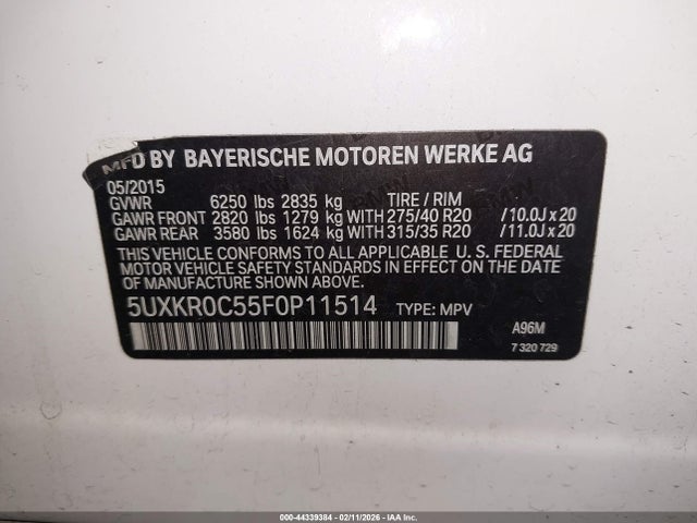 44339384 :رقم المزاد ، 5UXKR0C55F0P11514 vin ، 2015 Bmw X5 Xdrive35i مزاد بيع