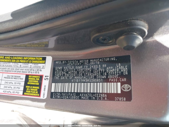 4T1B11HK9KU280851 Toyota Camry L/le/xle/se/xse