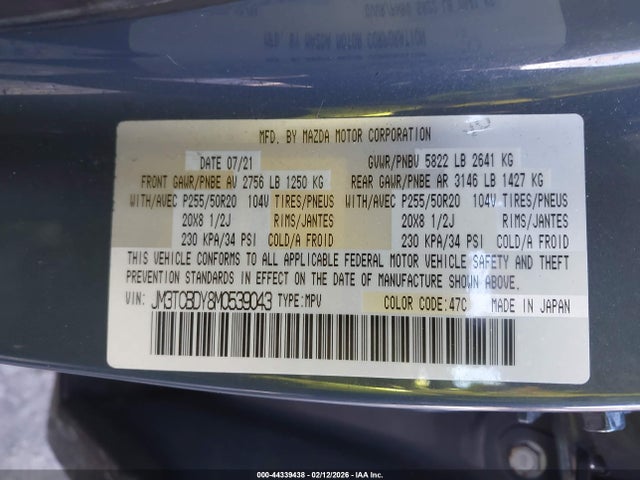 Продажа на аукционе авто 2021 Mazda Cx-9 Carbon Edition, vin: JM3TCBDY8M0539043, номер лота: 44339438