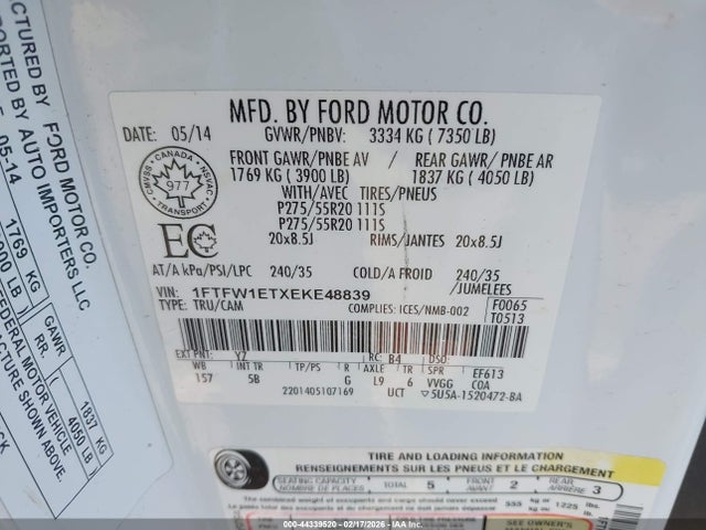 Продаж на аукціоні авто 2014 Ford F-150 Fx4, vin: 1FTFW1ETXEKE48839, номер лоту: 44339520