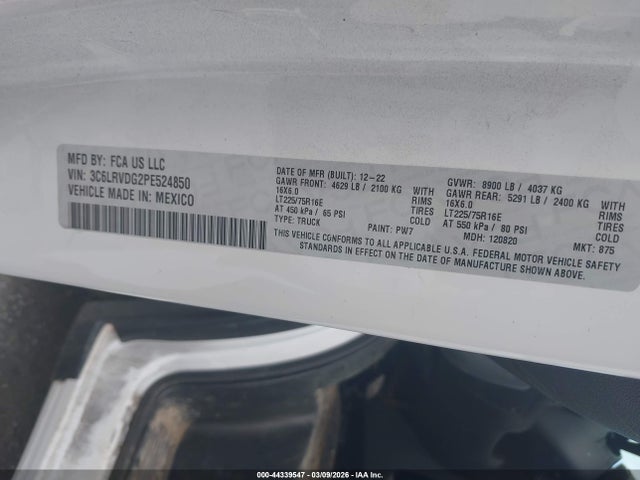 44339547 :رقم المزاد ، 3C6LRVDG2PE524850 vin ، 2023 Ram Promaster 2500 مزاد بيع
