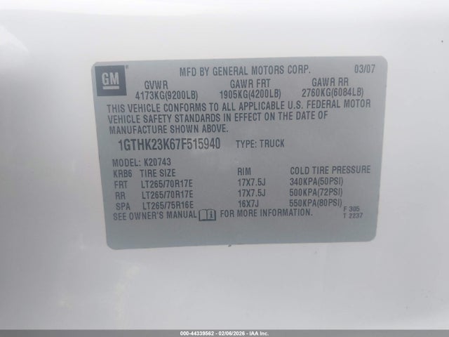 Aukcja sprzedaży 2007 Gmc Sierra 2500hd Slt, vin: 1GTHK23K67F515940, numer aukcji: 44339562