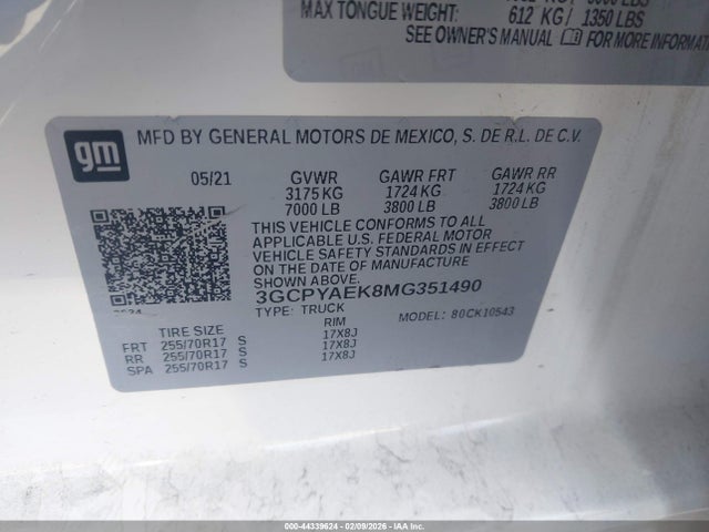 3GCPYAEK8MG351490 Chevrolet Silverado 1500 4wd Short Bed Wt