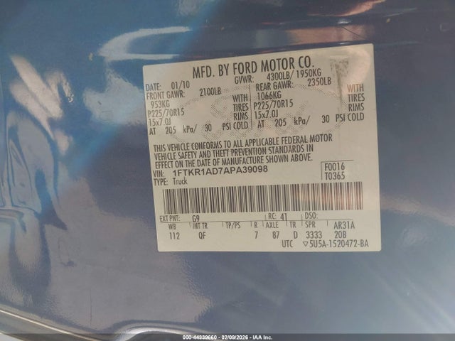 Auction sale of the 2010 Ford Ranger Xl/xlt, vin: 1FTKR1AD7APA39098, lot number: 44339660
