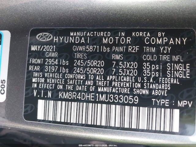 Aukcja sprzedaży 2021 Hyundai Palisade Sel, vin: KM8R4DHE1MU333059, numer aukcji: 44339673