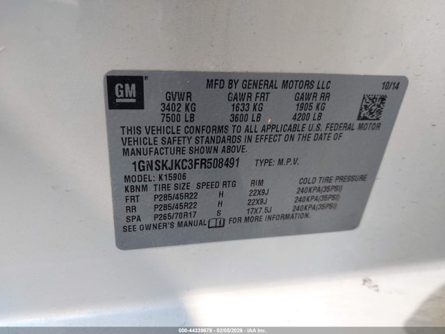 1GNSKJKC3FR508491 Chevrolet Suburban 1500 Lt