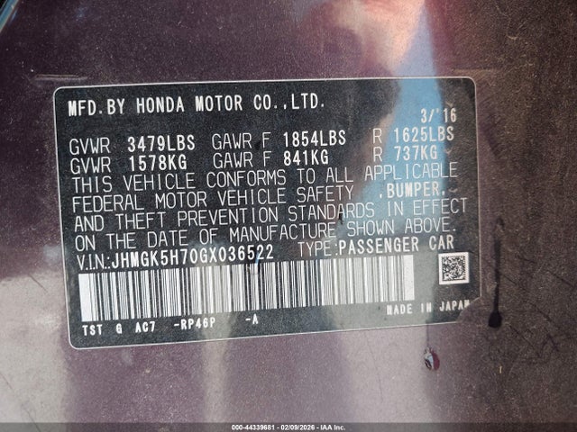 JHMGK5H70GX036522 Honda FIT EX
