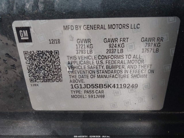 2019 Chevrolet Sonic Lt Auto მანქანა იყიდება აუქციონზე, vin: 1G1JD5SB5K4119249, აუქციონის ნომერი: 44339701