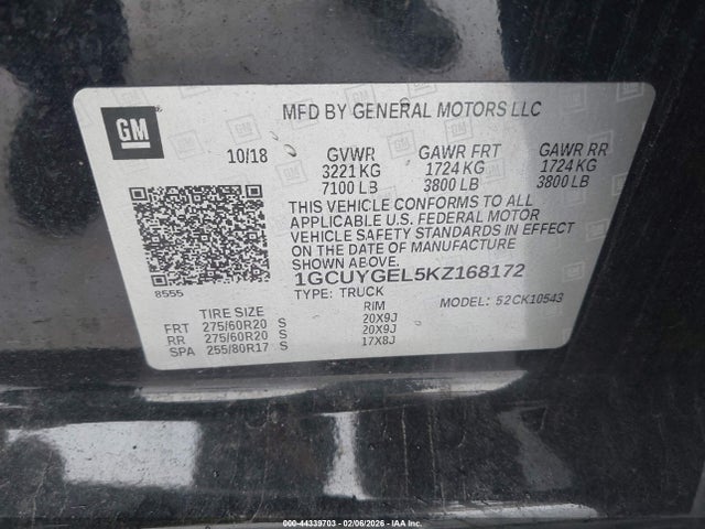 Продаж на аукціоні авто 2019 Chevrolet Silverado 1500 Ltz, vin: 1GCUYGEL5KZ168172, номер лоту: 44339703