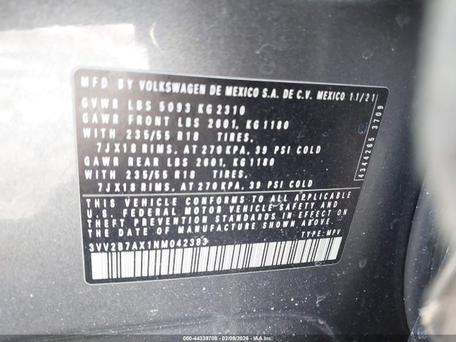 Aukcja sprzedaży 2022 Volkswagen Tiguan 2.0t Se, vin: 3VV2B7AX1NM042383, numer aukcji: 44339708
