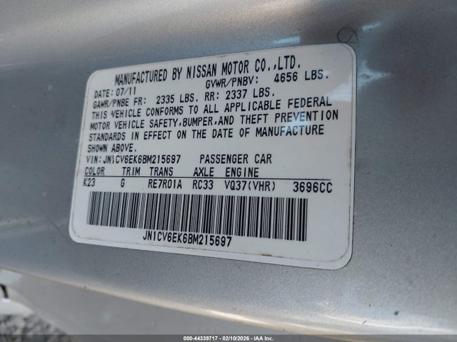 44339717 :رقم المزاد ، JN1CV6EK6BM215697 vin ، 2011 Infiniti G37 Journey مزاد بيع