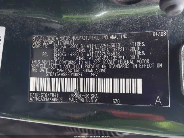 44339724 :رقم المزاد ، 5TDZY64A98S010024 vin ، 2008 Toyota Sequoia Sr5 5.7l V8 مزاد بيع