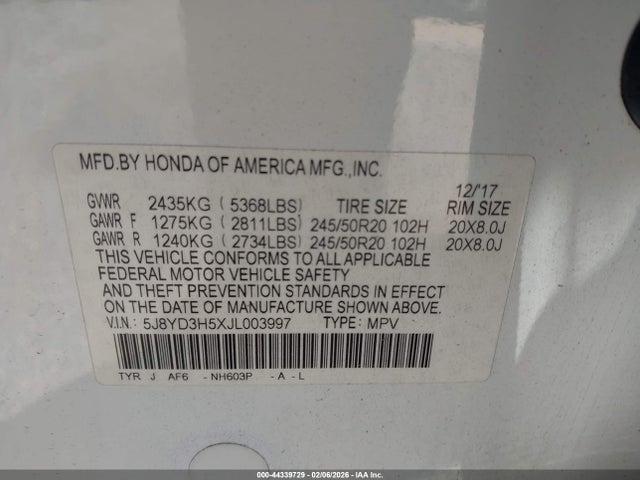 Aukcja sprzedaży 2018 Acura Mdx Technology Package   Acurawatch Plus Pkg, vin: 5J8YD3H5XJL003997, numer aukcji: 44339729