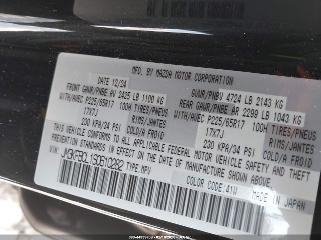 Aukcja sprzedaży 2025 Mazda Cx-5 2.5 S Preferred, vin: JM3KFBCL1S0610282, numer aukcji: 44339738
