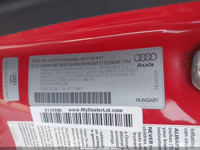 2008 Audi Tt 2.0t მანქანა იყიდება აუქციონზე, vin: TRUAF38J781011607, აუქციონის ნომერი: 44339815