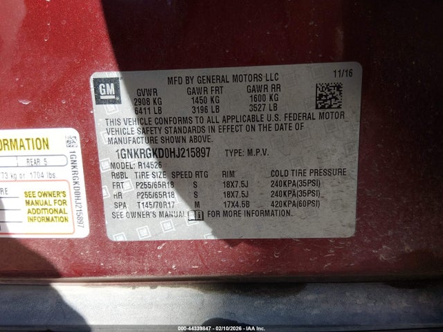 1GNKRGKD0HJ215897 Chevrolet Traverse 1lt