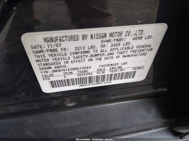 Продажа на аукционе авто 2008 Infiniti G35 Journey, vin: JNKBV61E08M212049, номер лота: 44339892