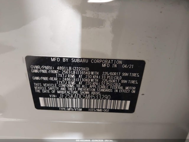 Продажа на аукционе авто 2021 Subaru Forester, vin: JF2SKADC5MH533290, номер лота: 44339906