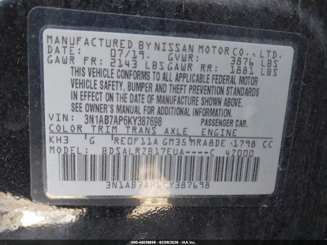 2019 Nissan Sentra Sr მანქანა იყიდება აუქციონზე, vin: 3N1AB7AP6KY387698, აუქციონის ნომერი: 44339918