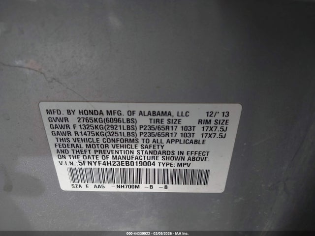 Honda PILOT LX 2014 5FNYF4H23EB019004 Image 9