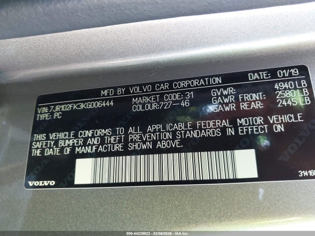 2019 Volvo S60 T5 Momentum მანქანა იყიდება აუქციონზე, vin: 7JR102FK3KG006444, აუქციონის ნომერი: 44339923