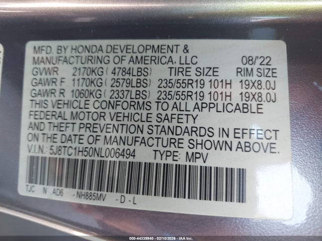 44339940 :رقم المزاد ، 5J8TC1H50NL006494 vin ، 2022 Acura Rdx Technology Package مزاد بيع