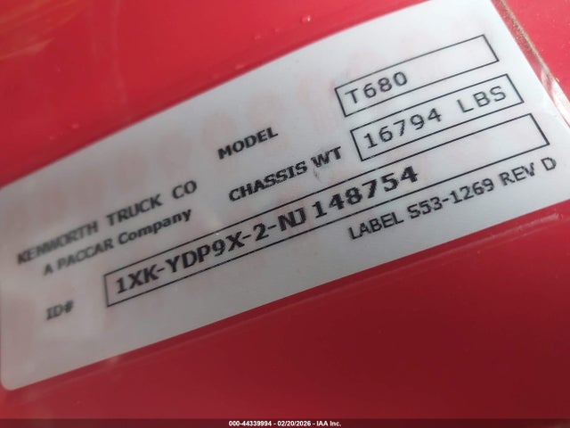 44339994 :رقم المزاد ، 1XKYDP9X2NJ148754 vin ، 2022 Kenworth T680 مزاد بيع