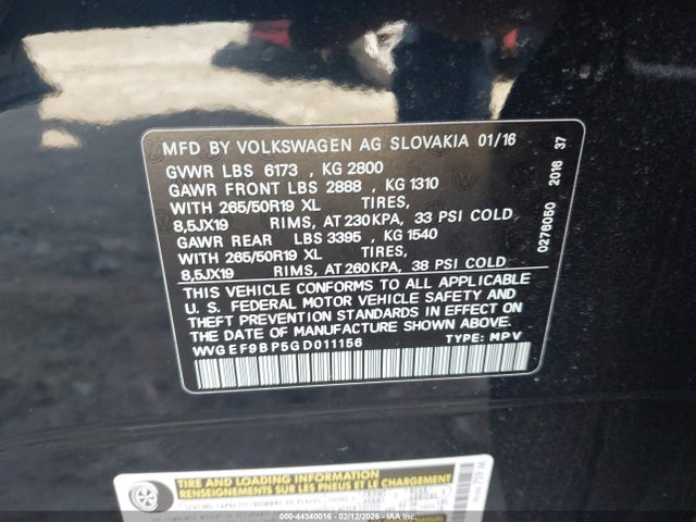 Aukcja sprzedaży 2016 Volkswagen Touareg Vr6 Lux, vin: WVGEF9BP5GD011156, numer aukcji: 44340016