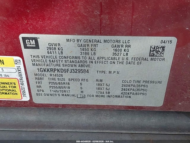 Продажа на аукционе авто 2015 Gmc Acadia Sle-2, vin: 1GKKRPKD9FJ329584, номер лота: 44340029