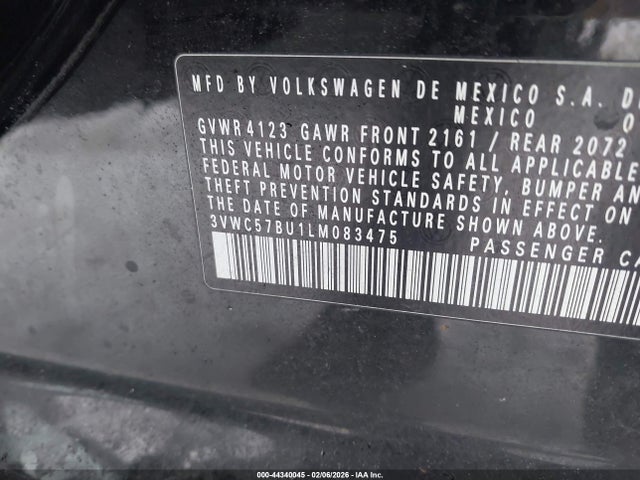 44340045 :رقم المزاد ، 3VWC57BU1LM083475 vin ، 2020 Volkswagen Jetta 1.4t R-line/1.4t S/1.4t Se مزاد بيع