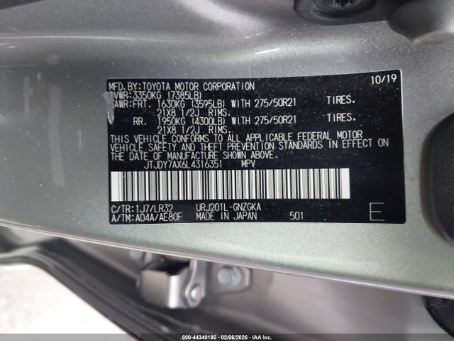 44340195 :رقم المزاد ، JTJDY7AX6L4316351 vin ، 2020 Lexus Lx 570 Three-row مزاد بيع