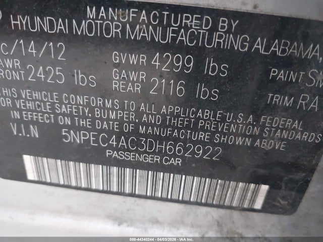 44340244 :رقم المزاد ، 5NPEC4AC3DH662922 vin ، 2013 Hyundai Sonata Se مزاد بيع