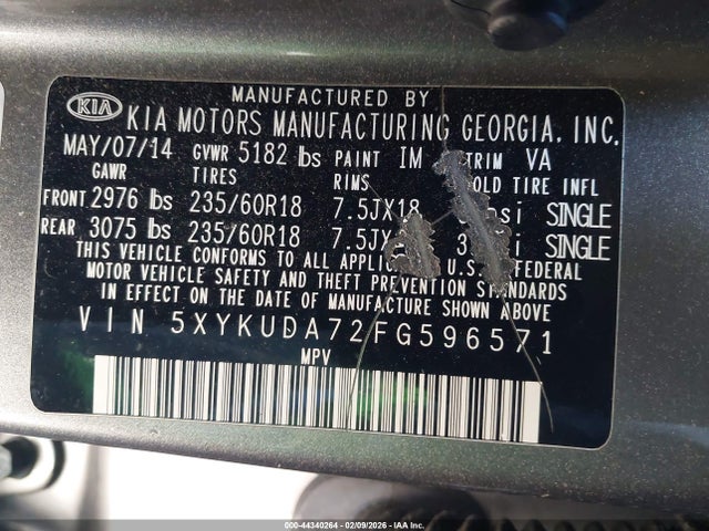 44340264 :رقم المزاد ، 5XYKUDA72FG596571 vin ، 2015 Kia Sorento Ex V6 مزاد بيع