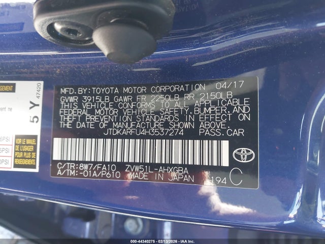 JTDKARFU4H3537274 Toyota Prius Three