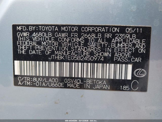 44340294 :رقم المزاد ، JTHBK1EG5B2450974 vin ، 2011 Lexus Es 350 مزاد بيع