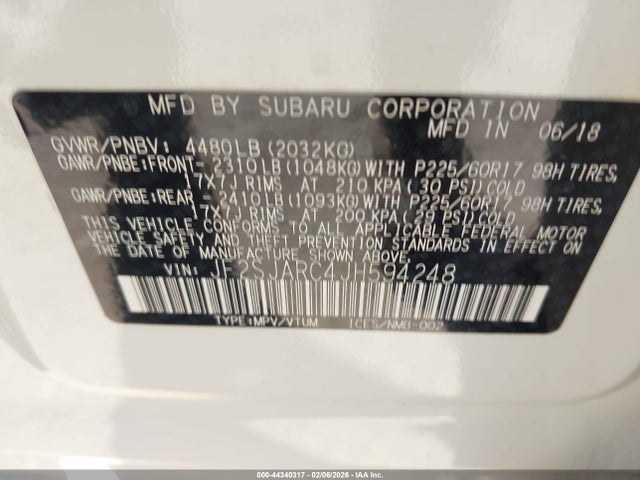 44340317 :رقم المزاد ، JF2SJARC4JH594248 vin ، 2018 Subaru Forester 2.5i Limited مزاد بيع