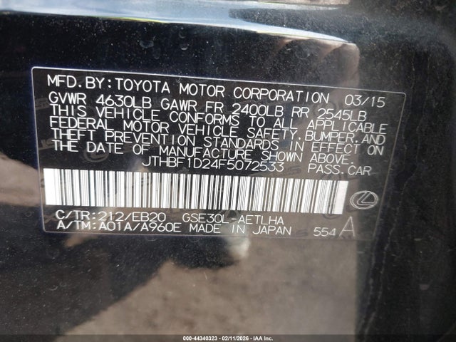 Aukcja sprzedaży 2015 Lexus Is 250, vin: JTHBF1D24F5072533, numer aukcji: 44340323