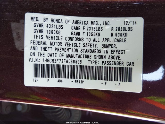 Honda ACCORD EX 2015 1HGCR2F72FA086595 Image 9