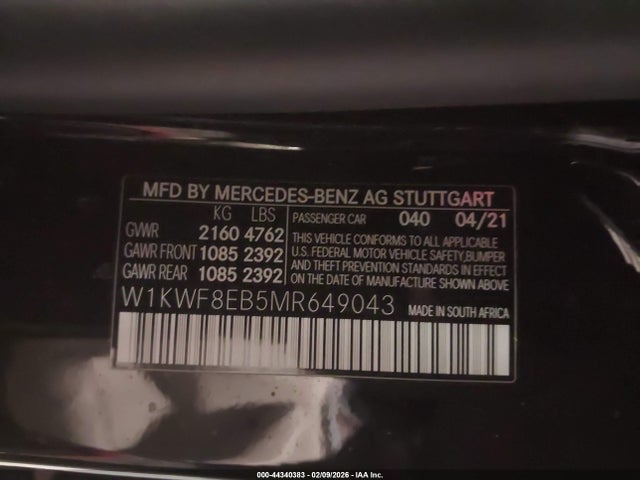 Продаж на аукціоні авто 2021 Mercedes-benz C 300 4matic, vin: W1KWF8EB5MR649043, номер лоту: 44340383