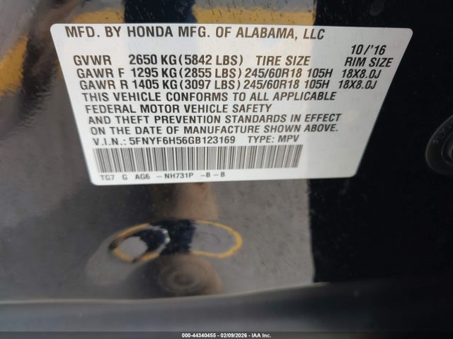 5FNYF6H56GB123169 Honda Pilot Ex-l