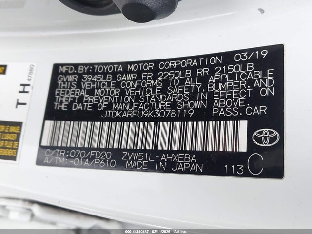 JTDKARFU9K3078119 Toyota Prius Le