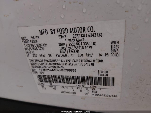 1FM5K8AR0JGC56655 Ford Police Interceptor Utility