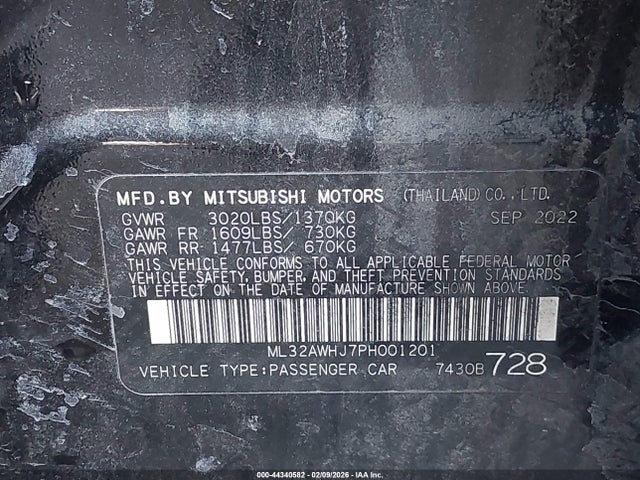 Aukcja sprzedaży 2023 Mitsubishi Mirage Black Edition/ralliart/se, vin: ML32AWHJ7PH001201, numer aukcji: 44340582