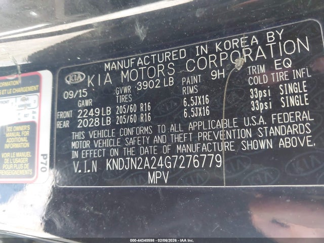 44340598 :رقم المزاد ، KNDJN2A24G7276779 vin ، 2016 Kia Soul مزاد بيع